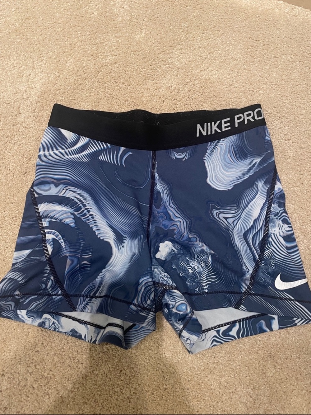 Nike Pro blue and white swirl pattern spandex shorts